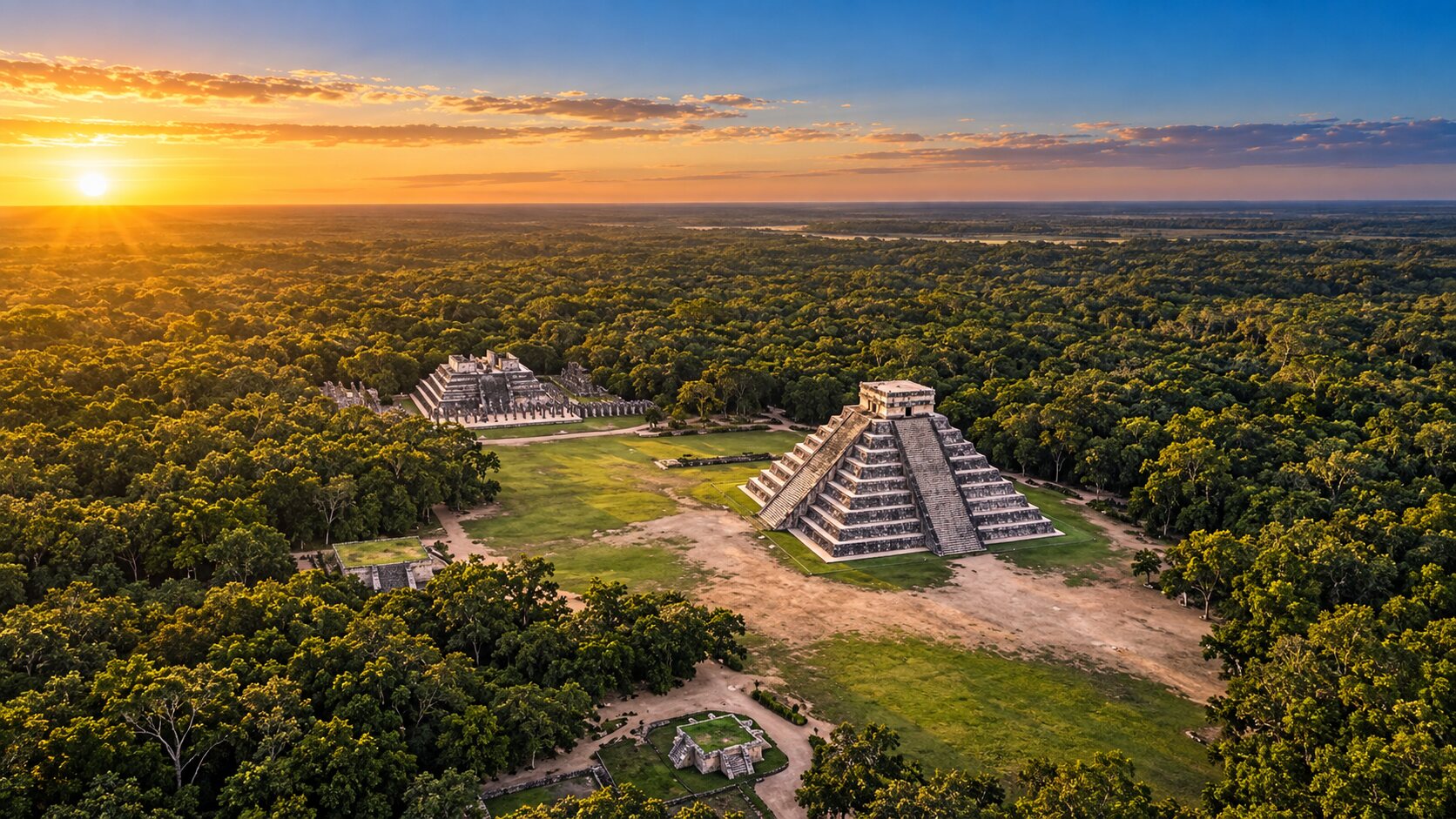 Chichén Itzá surrounded by jungle at sunset