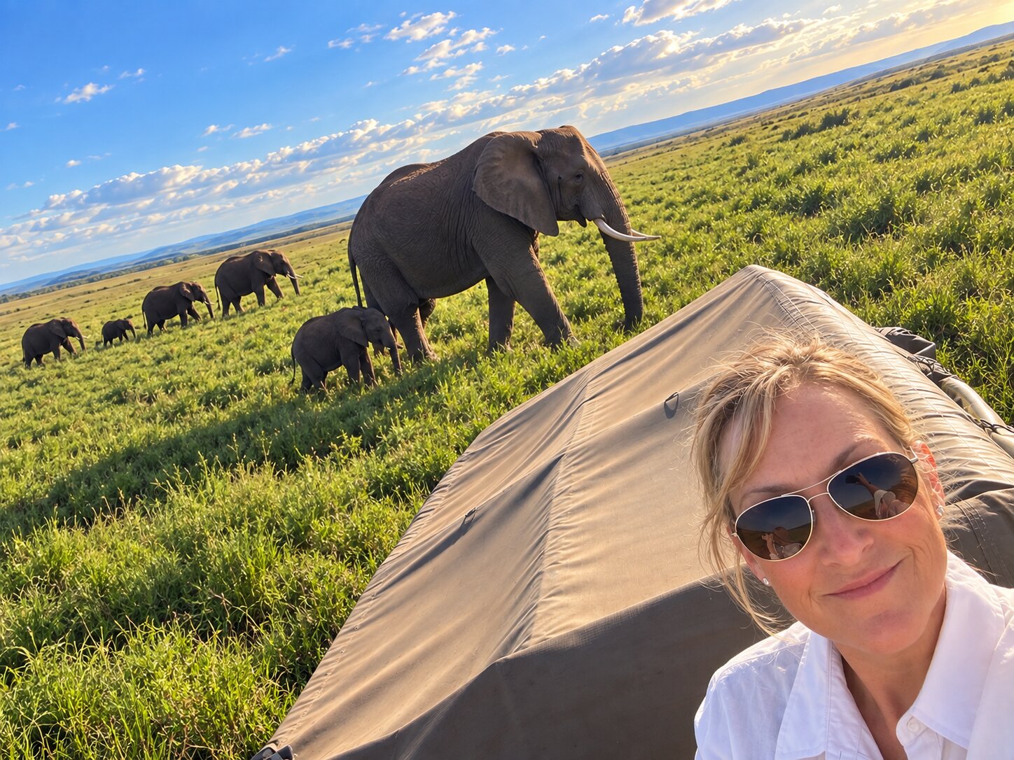 Megan watching a herd of elephants while on safari in Kenya
